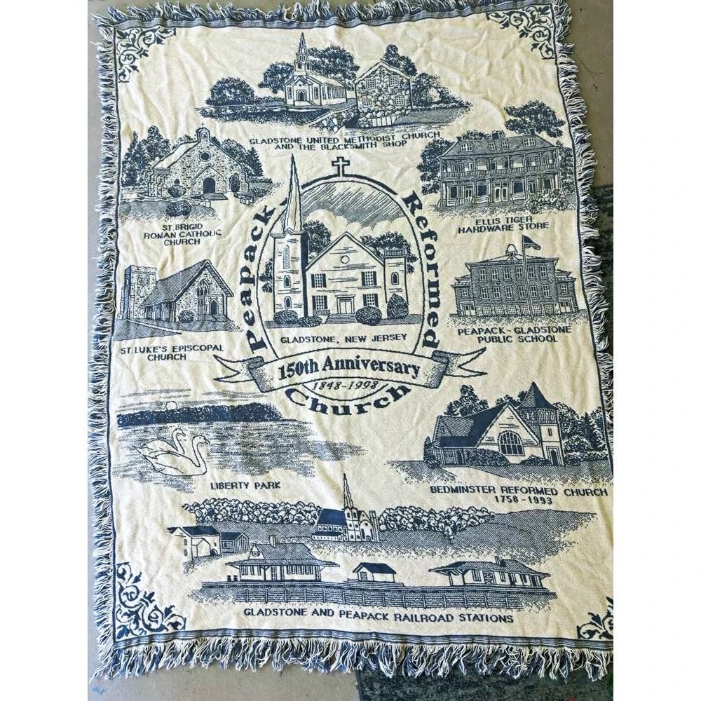 Peapack NJ Woven Throw Vintage Reformed Church 150th Anniversary Fringed 50x60